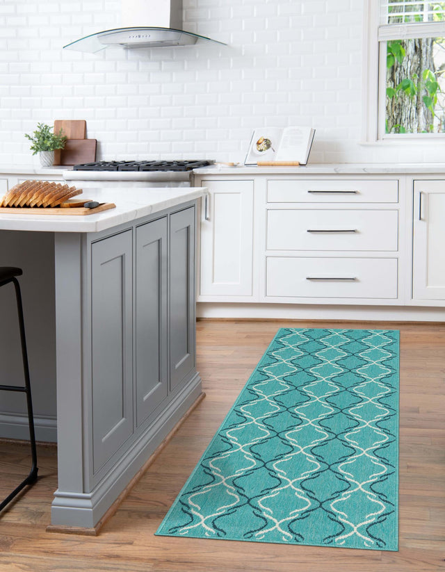 Teal 2' x 8' Outdoor Trellis Runner Area Rug Weather Resistant for Patio, Deck, Terrace, Balcony, Porch Geometric Design Water Safe Outside Carpet for Sale at Rug Engine