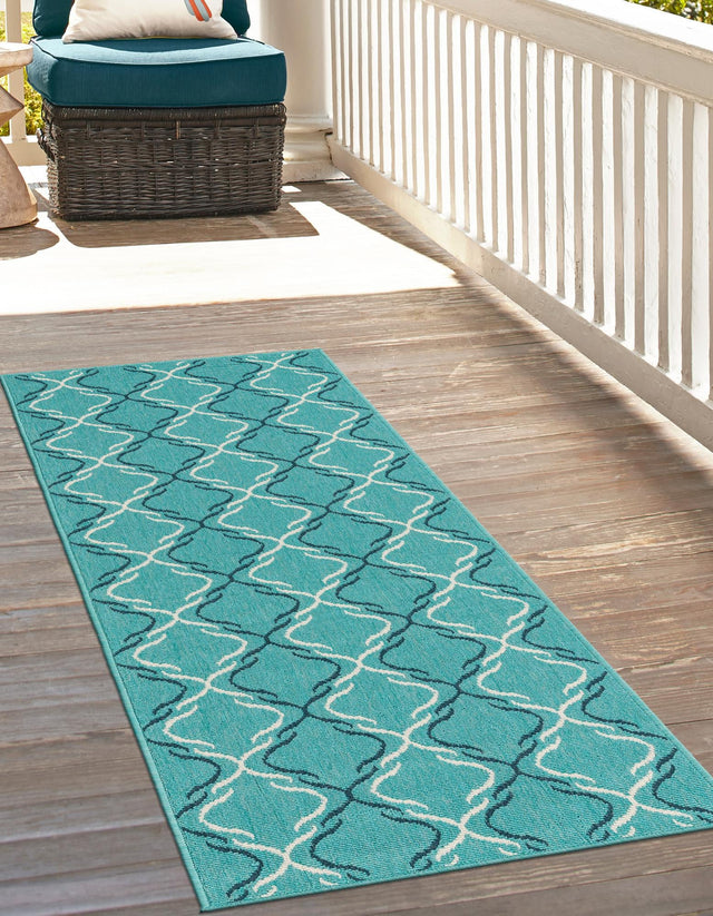 Teal 2' x 6' 1 Outdoor Trellis Runner Area Rug Weather Resistant for Patio, Deck, Terrace, Balcony, Porch Geometric Design Water Safe Outside Carpet for Sale at Rug Engine