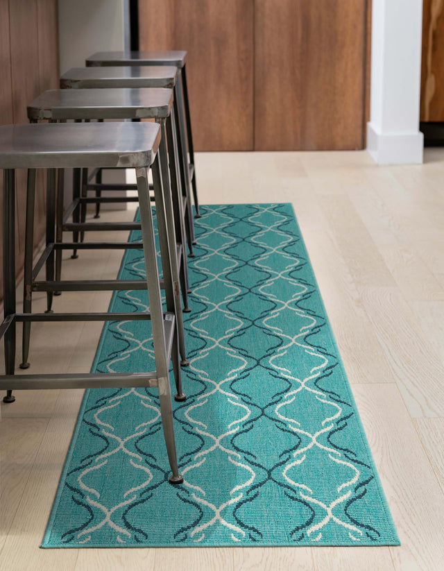 Teal 2' x 8' Outdoor Trellis Runner Area Rug Weather Resistant for Patio, Deck, Terrace, Balcony, Porch Geometric Design Water Safe Outside Carpet for Sale at Rug Engine
