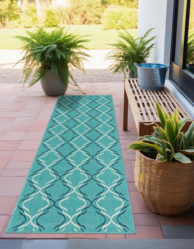 Teal 2' x 6' 1 Outdoor Trellis Runner Area Rug Weather Resistant for Patio, Deck, Terrace, Balcony, Porch Geometric Design Water Safe Outside Carpet for Sale at Rug Engine