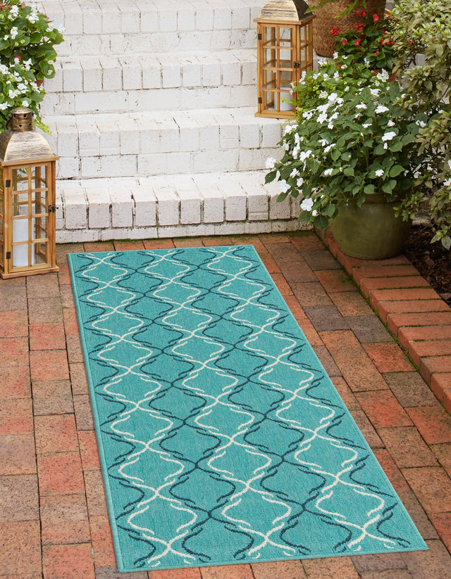 Teal 2' x 6' 1 Outdoor Trellis Runner Area Rug Weather Resistant for Patio, Deck, Terrace, Balcony, Porch Geometric Design Water Safe Outside Carpet for Sale at Rug Engine
