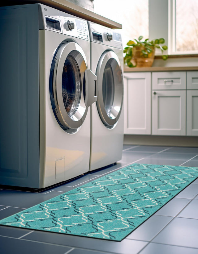 Teal 2' x 8' Outdoor Trellis Runner Area Rug Weather Resistant for Patio, Deck, Terrace, Balcony, Porch Geometric Design Water Safe Outside Carpet for Sale at Rug Engine