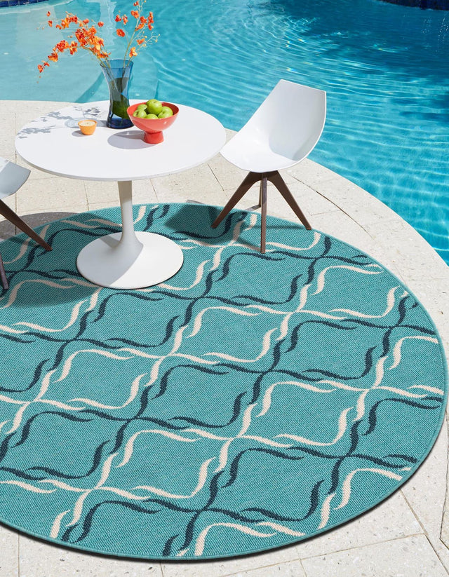 Teal 4' 1 x 4' 1 Outdoor Trellis Round Area Rug Weather Resistant for Patio, Deck, Terrace, Balcony, Porch Geometric Design Water Safe Outside Carpet for Sale at Rug Engine