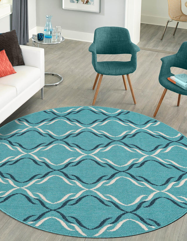 Teal 4' 1 x 4' 1 Outdoor Trellis Round Area Rug Weather Resistant for Patio, Deck, Terrace, Balcony, Porch Geometric Design Water Safe Outside Carpet for Sale at Rug Engine