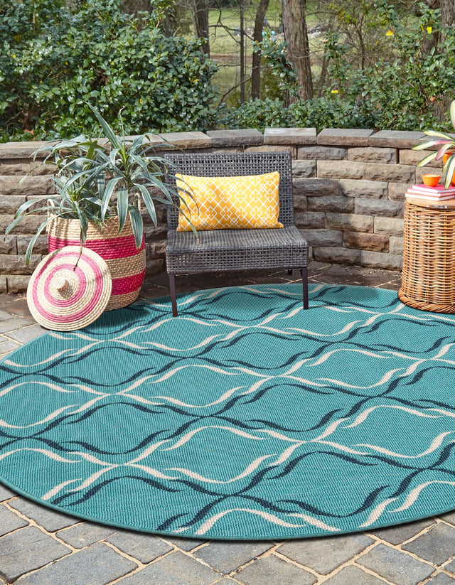 Teal 4' 1 x 4' 1 Outdoor Trellis Round Area Rug Weather Resistant for Patio, Deck, Terrace, Balcony, Porch Geometric Design Water Safe Outside Carpet for Sale at Rug Engine