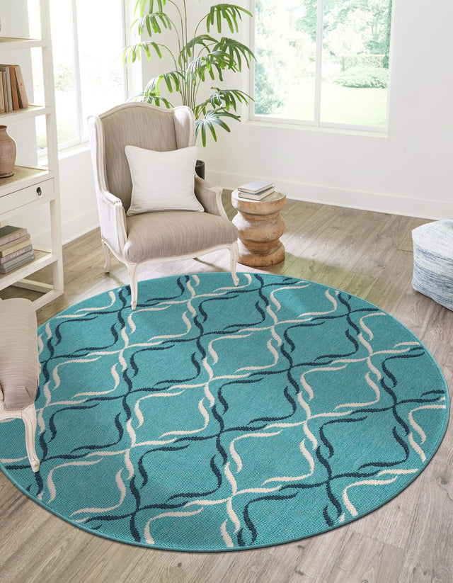 Teal 4' 1 x 4' 1 Outdoor Trellis Round Area Rug Weather Resistant for Patio, Deck, Terrace, Balcony, Porch Geometric Design Water Safe Outside Carpet for Sale at Rug Engine