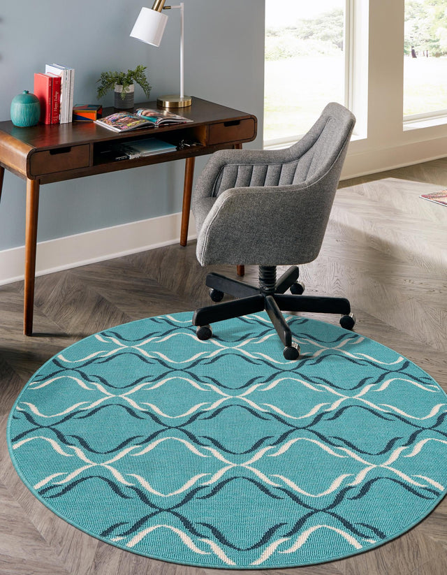 Teal 4' 1 x 4' 1 Outdoor Trellis Round Area Rug Weather Resistant for Patio, Deck, Terrace, Balcony, Porch Geometric Design Water Safe Outside Carpet for Sale at Rug Engine