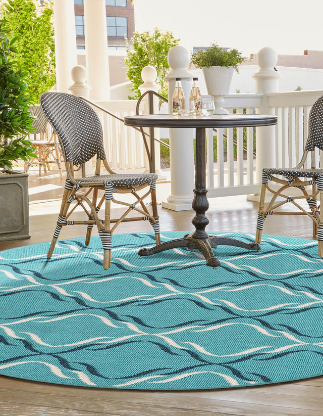 Teal 4' 1 x 4' 1 Outdoor Trellis Round Area Rug Weather Resistant for Patio, Deck, Terrace, Balcony, Porch Geometric Design Water Safe Outside Carpet for Sale at Rug Engine