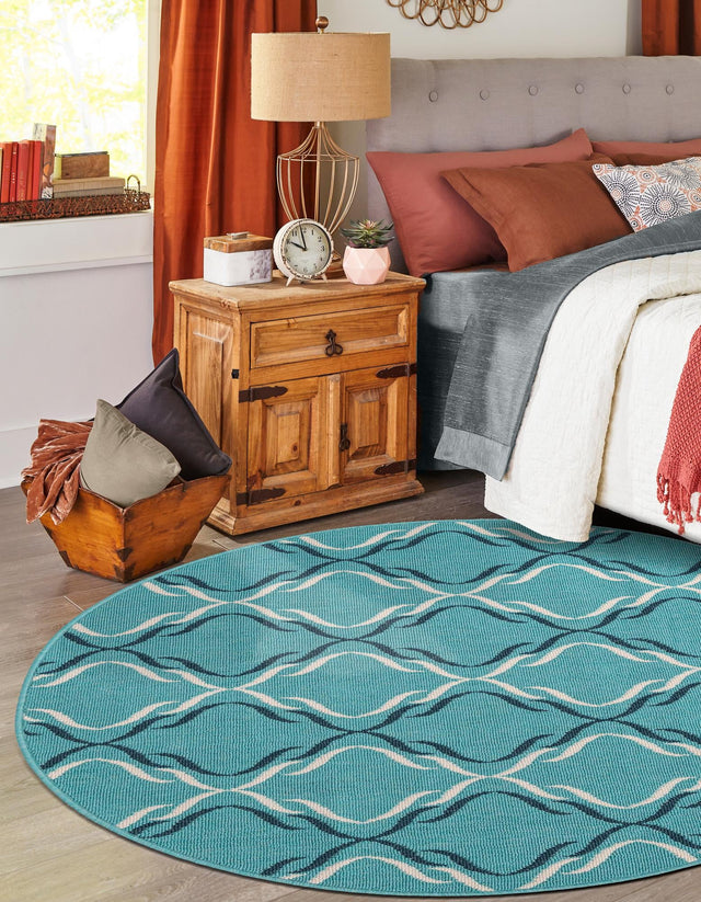 Teal 7' 1 x 7' 1 Outdoor Trellis Round Area Rug Weather Resistant for Patio, Deck, Terrace, Balcony, Porch Geometric Design Water Safe Outside Carpet for Sale at Rug Engine