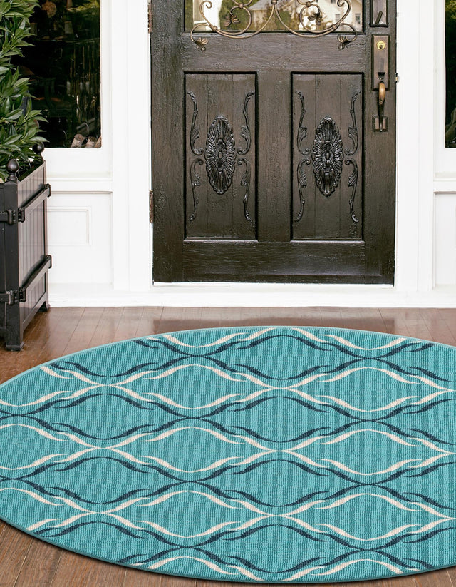 Teal 4' 1 x 4' 1 Outdoor Trellis Round Area Rug Weather Resistant for Patio, Deck, Terrace, Balcony, Porch Geometric Design Water Safe Outside Carpet for Sale at Rug Engine