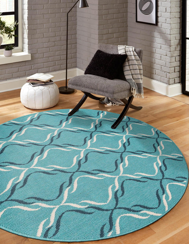 Teal 4' 1 x 4' 1 Outdoor Trellis Round Area Rug Weather Resistant for Patio, Deck, Terrace, Balcony, Porch Geometric Design Water Safe Outside Carpet for Sale at Rug Engine
