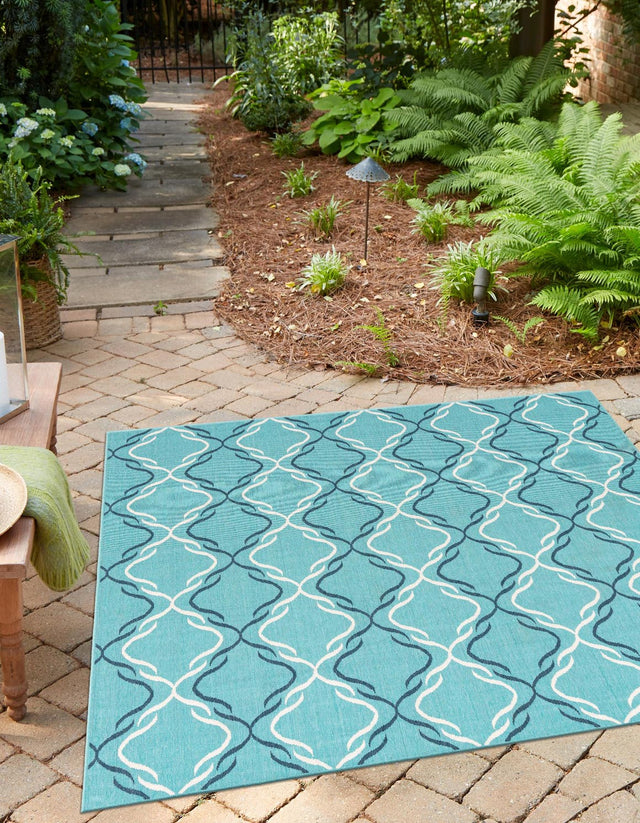 Teal 7' 10 x 7' 10 Outdoor Trellis Square Area Rug Weather Resistant for Patio, Deck, Terrace, Balcony, Porch Geometric Design Water Safe Outside Carpet for Sale at Rug Engine
