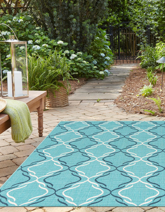Teal 7' 10 x 7' 10 Outdoor Trellis Square Area Rug Weather Resistant for Patio, Deck, Terrace, Balcony, Porch Geometric Design Water Safe Outside Carpet for Sale at Rug Engine
