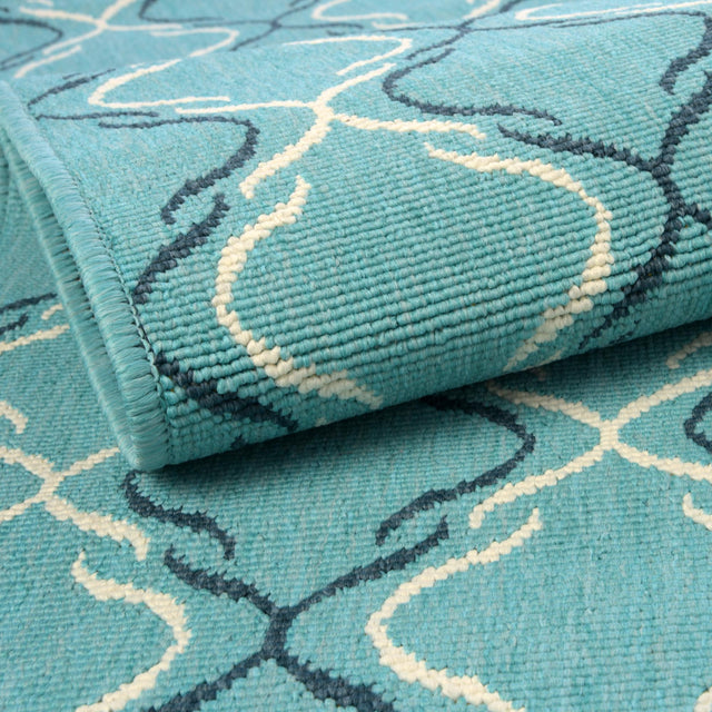Teal 7' 10 x 7' 10 Outdoor Trellis Square Area Rug Weather Resistant for Patio, Deck, Terrace, Balcony, Porch Geometric Design Water Safe Outside Carpet for Sale at Rug Engine