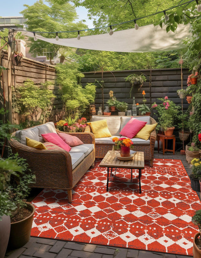 Rust Red 6' 1 x 9' Outdoor Trellis Rectangle Area Rug Weather Resistant for Patio, Deck, Terrace, Balcony, Porch Geometric Design Water Safe Outside Carpet for Sale at Rug Engine