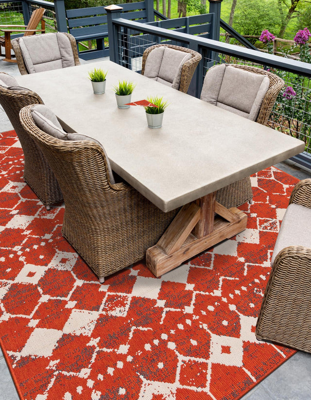 Rust Red 4' 1 x 6' 1 Outdoor Trellis Rectangle Area Rug Weather Resistant for Patio, Deck, Terrace, Balcony, Porch Geometric Design Water Safe Outside Carpet for Sale at Rug Engine
