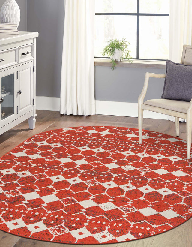 Rust Red 7' 10 x 10' Outdoor Trellis Oval Area Rug Weather Resistant for Patio, Deck, Terrace, Balcony, Porch Geometric Design Water Safe Outside Carpet for Sale at Rug Engine