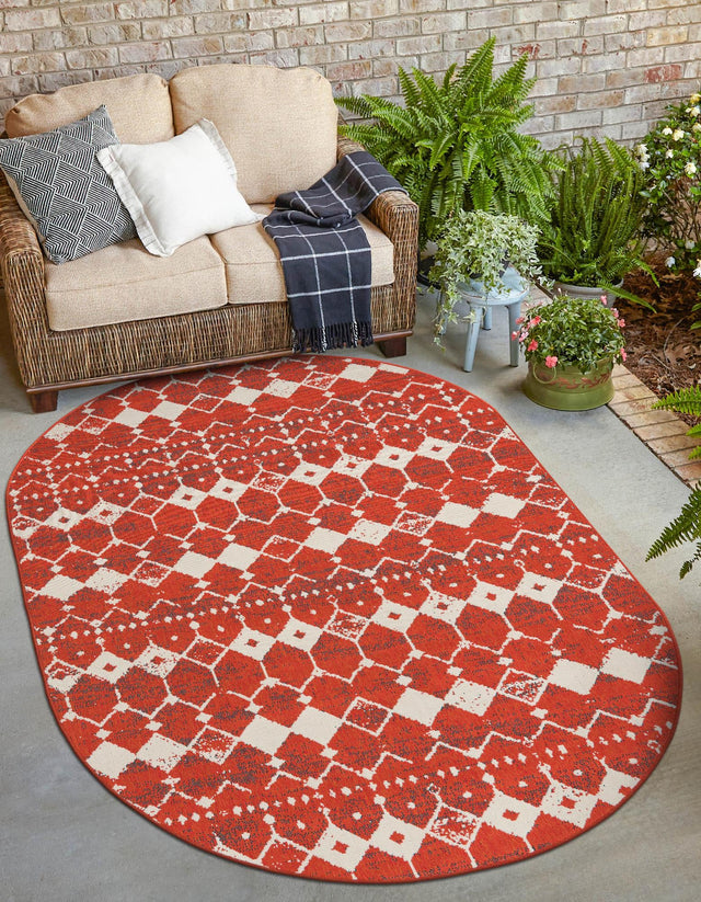 Rust Red 5' 3 x 8' Outdoor Trellis Oval Area Rug Weather Resistant for Patio, Deck, Terrace, Balcony, Porch Geometric Design Water Safe Outside Carpet for Sale at Rug Engine