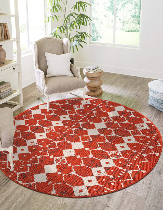 Rust Red 4' 1 x 4' 1 Outdoor Trellis Round Area Rug Weather Resistant for Patio, Deck, Terrace, Balcony, Porch Geometric Design Water Safe Outside Carpet for Sale at Rug Engine