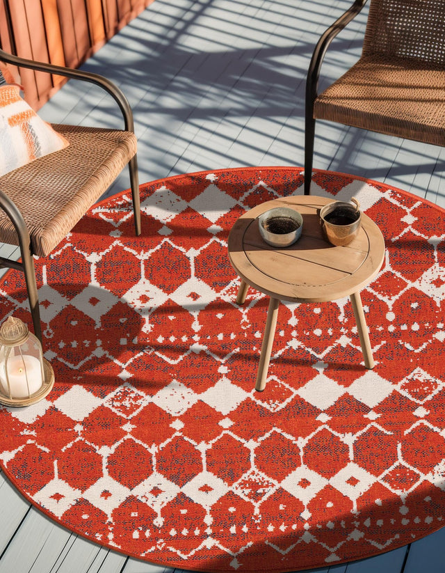 Rust Red 7' 1 x 7' 1 Outdoor Trellis Round Area Rug Weather Resistant for Patio, Deck, Terrace, Balcony, Porch Geometric Design Water Safe Outside Carpet for Sale at Rug Engine