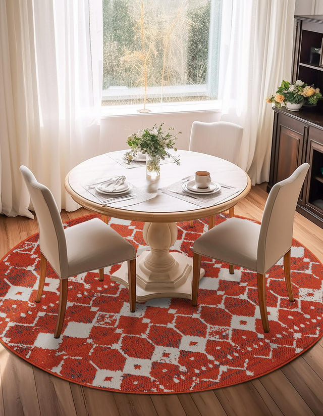 Rust Red 7' 1 x 7' 1 Outdoor Trellis Round Area Rug Weather Resistant for Patio, Deck, Terrace, Balcony, Porch Geometric Design Water Safe Outside Carpet for Sale at Rug Engine