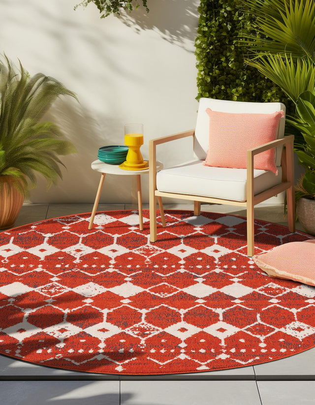 Rust Red 4' 1 x 4' 1 Outdoor Trellis Round Area Rug Weather Resistant for Patio, Deck, Terrace, Balcony, Porch Geometric Design Water Safe Outside Carpet for Sale at Rug Engine