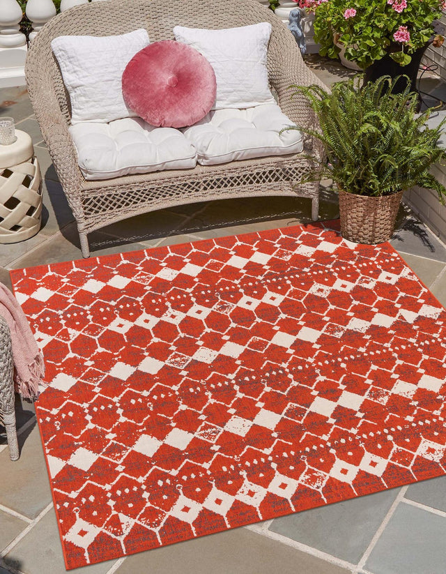 Rust Red 7' 10 x 7' 10 Outdoor Trellis Square Area Rug Weather Resistant for Patio, Deck, Terrace, Balcony, Porch Geometric Design Water Safe Outside Carpet for Sale at Rug Engine
