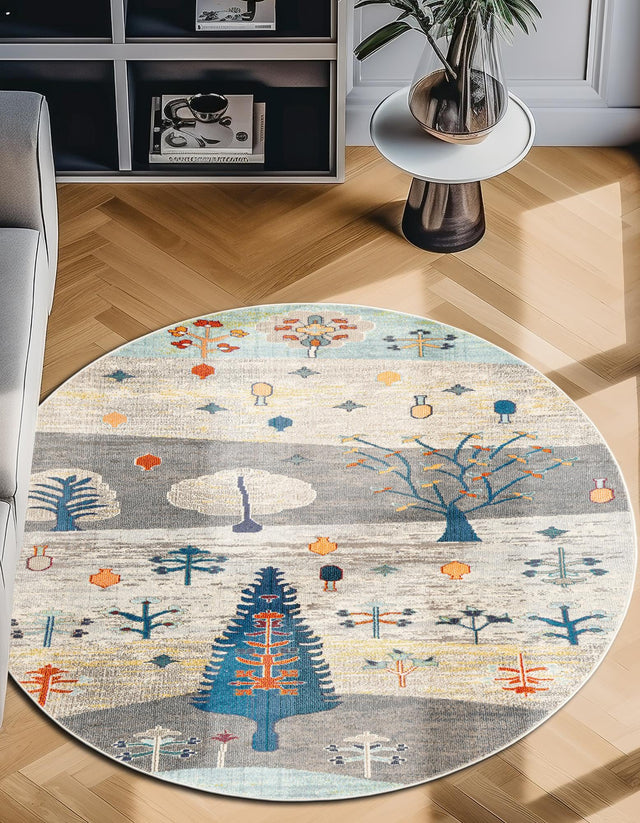 Ivory Gray Blue 3' 3 x 3' 3 Vivid Round Area Rug Colorful Modern Unique Indoor Easy Clean Durable Carpet Mat for Home Interior Design & Decor for Sale at Rug Engine