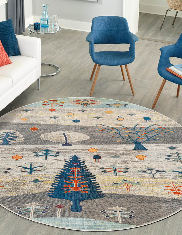 Ivory Gray Blue 3' 3 x 3' 3 Vivid Round Area Rug Colorful Modern Unique Indoor Easy Clean Durable Carpet Mat for Home Interior Design & Decor for Sale at Rug Engine