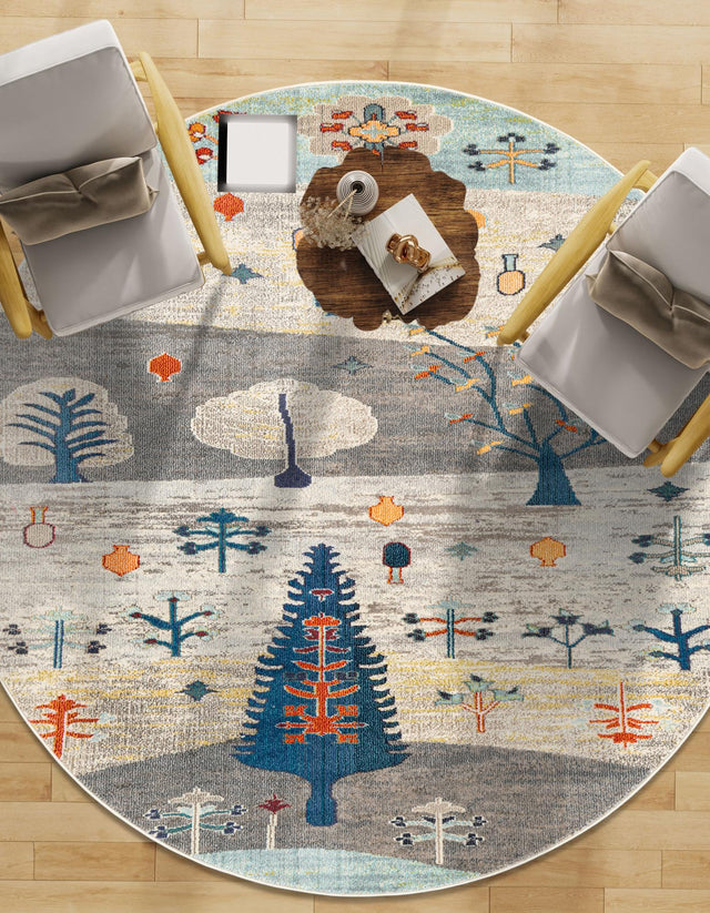 Ivory Gray Blue 3' 3 x 3' 3 Vivid Round Area Rug Colorful Modern Unique Indoor Easy Clean Durable Carpet Mat for Home Interior Design & Decor for Sale at Rug Engine