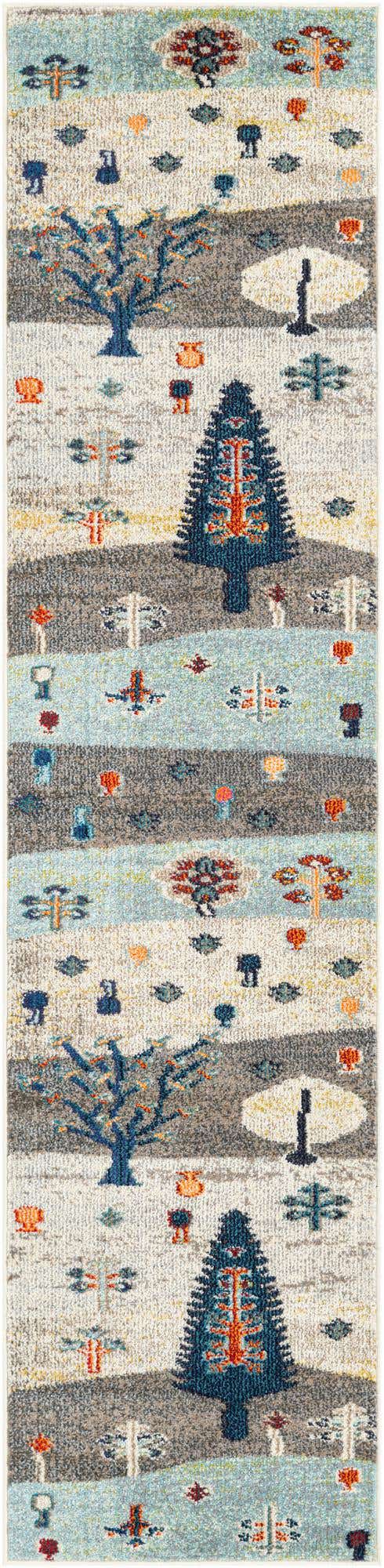 Ivory Gray Blue 2' x 8' Vivid Runner Area Rug Colorful Modern Unique Indoor Easy Clean Durable Carpet Mat for Home Interior Design & Decor for Sale at Rug Engine