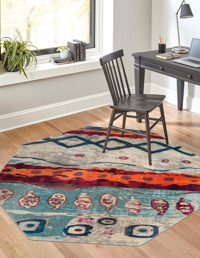 Multicolor 5' 3 x 5' 3 Vivid Octagon Area Rug Colorful Modern Unique Indoor Easy Clean Durable Carpet Mat for Home Interior Design & Decor for Sale at Rug Engine