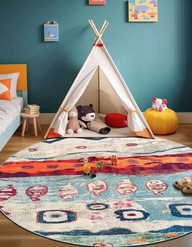 Multicolor 7' 1 x 7' 1 Vivid Round Area Rug Colorful Modern Unique Indoor Easy Clean Durable Carpet Mat for Home Interior Design & Decor for Sale at Rug Engine