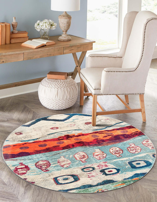 Multicolor 7' 1 x 7' 1 Vivid Round Area Rug Colorful Modern Unique Indoor Easy Clean Durable Carpet Mat for Home Interior Design & Decor for Sale at Rug Engine