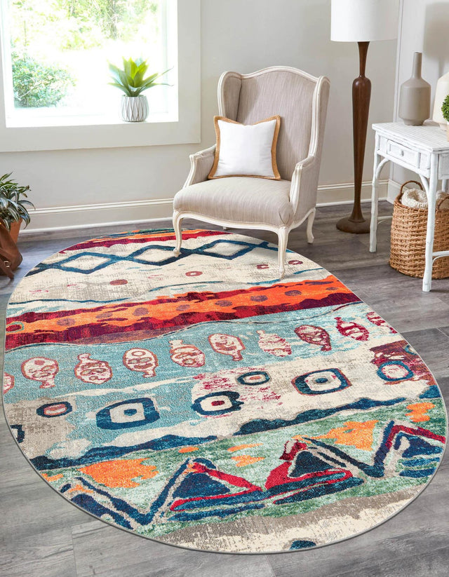 Multicolor 7' 10 x 10' Vivid Oval Area Rug Colorful Modern Unique Indoor Easy Clean Durable Carpet Mat for Home Interior Design & Decor for Sale at Rug Engine