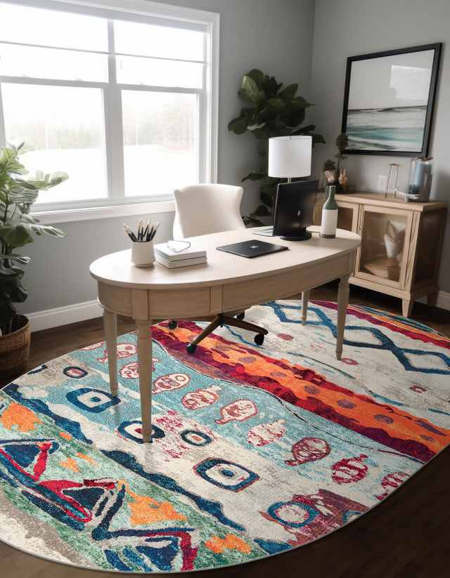 Multicolor 7' 10 x 10' Vivid Oval Area Rug Colorful Modern Unique Indoor Easy Clean Durable Carpet Mat for Home Interior Design & Decor for Sale at Rug Engine