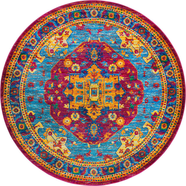 Pink Blue 7' 10 x 7' 10 Calypso Round Area Rug 100% Polypropylene With Cotton Backing Colorful Vivid Traditional Design Carpet for Living Office Dining Rooms for Sale at Rug Engine