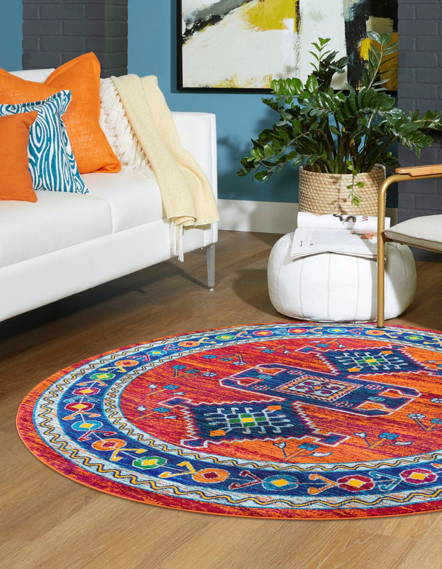 Rust Red Blue 7' 10 x 7' 10 Calypso Round Area Rug 100% Polypropylene With Cotton Backing Colorful Vivid Traditional Design Carpet for Living Office Dining Rooms for Sale at Rug Engine