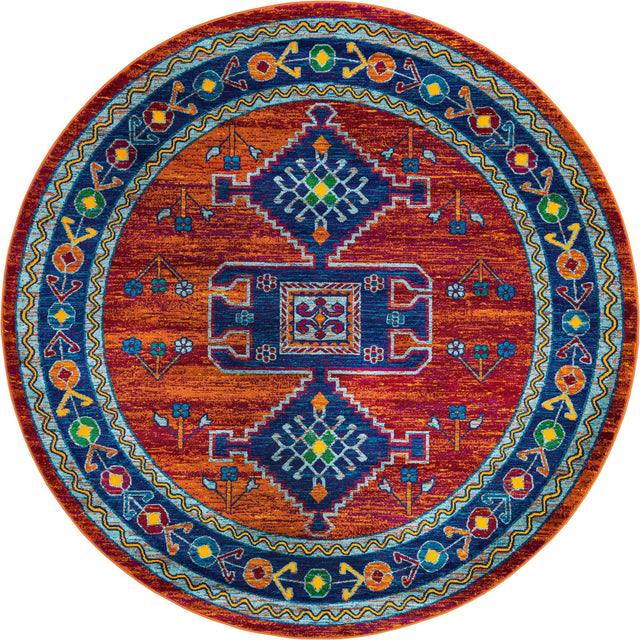 Rust Red Blue 7' 10 x 7' 10 Calypso Round Area Rug 100% Polypropylene With Cotton Backing Colorful Vivid Traditional Design Carpet for Living Office Dining Rooms for Sale at Rug Engine