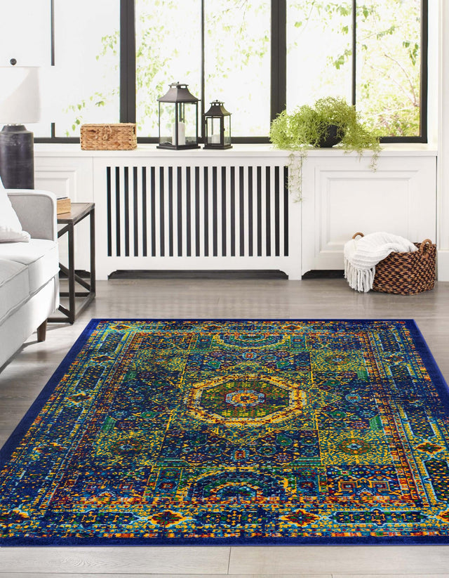 Navy Blue 4' 1 x 6' 1 Calypso Rectangle Area Rug 100% Polypropylene With Cotton Backing Colorful Vivid Traditional Design Carpet for Living Office Dining Rooms for Sale at Rug Engine