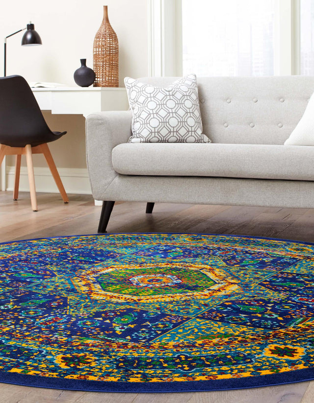 Navy Blue 4' 1 x 4' 1 Calypso Round Area Rug 100% Polypropylene With Cotton Backing Colorful Vivid Traditional Design Carpet for Living Office Dining Rooms for Sale at Rug Engine