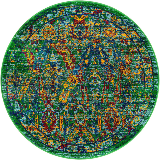Green 4' 1 x 4' 1 Calypso Round Area Rug 100% Polypropylene With Cotton Backing Colorful Vivid Traditional Design Carpet for Living Office Dining Rooms for Sale at Rug Engine