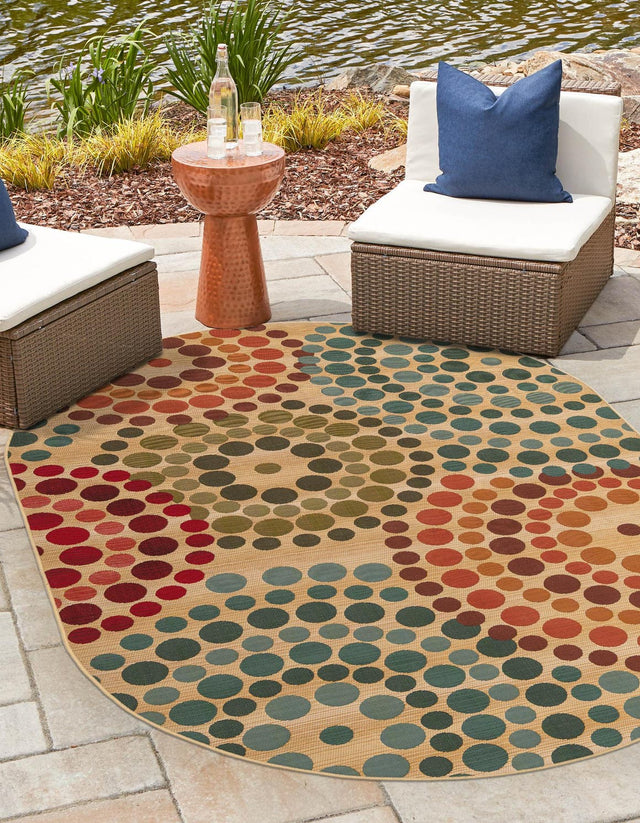 Beige 5' 3 x 8' Outdoor Modern Oval Area Rug Weather Resistant for Patio, Deck, Terrace, Balcony, Porch 100% Polypropylene Modern Outside Carpet for Sale at Rug Engine