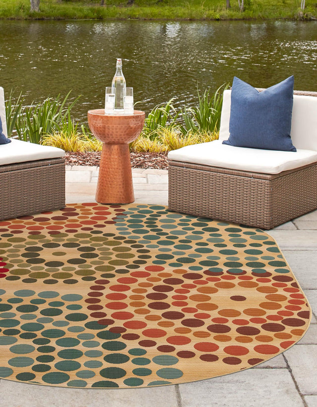 Beige 2' 2 x 3' 1 Outdoor Modern Oval Area Rug Weather Resistant for Patio, Deck, Terrace, Balcony, Porch 100% Polypropylene Modern Outside Carpet for Sale at Rug Engine