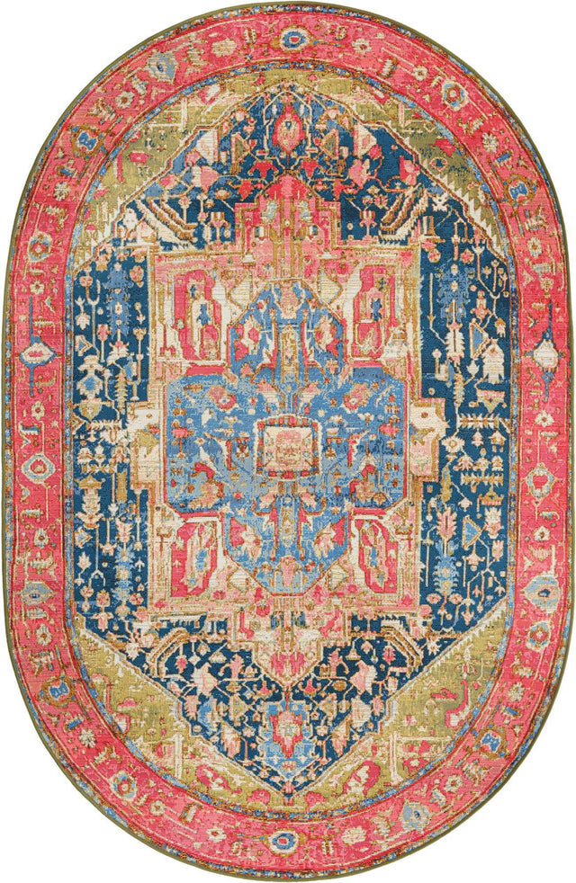 Multicolor 5' 3 x 8' Outdoor Traditional Oval Area Rug Weather Resistant for Patio, Deck, Terrace, Balcony, Porch Classical Design Outside Carpet for Sale at Rug Engine