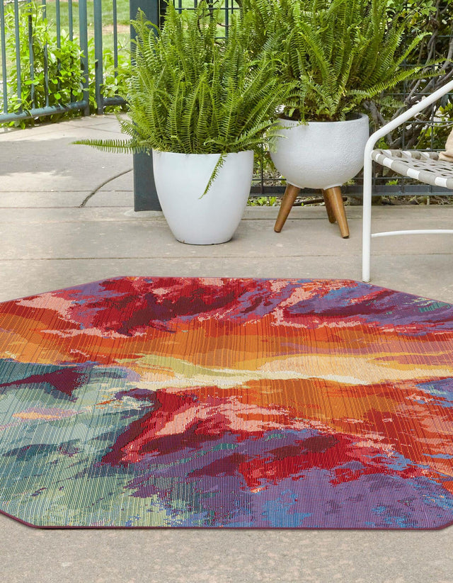 Multicolor 5' 3 x 5' 3 Outdoor Modern Octagon Area Rug Weather Resistant for Patio, Deck, Terrace, Balcony, Porch 100% Polypropylene Modern Outside Carpet for Sale at Rug Engine
