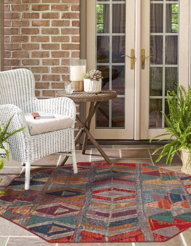 Multicolor 5' 3 x 5' 3 Outdoor Modern Octagon Area Rug Weather Resistant for Patio, Deck, Terrace, Balcony, Porch 100% Polypropylene Modern Outside Carpet for Sale at Rug Engine