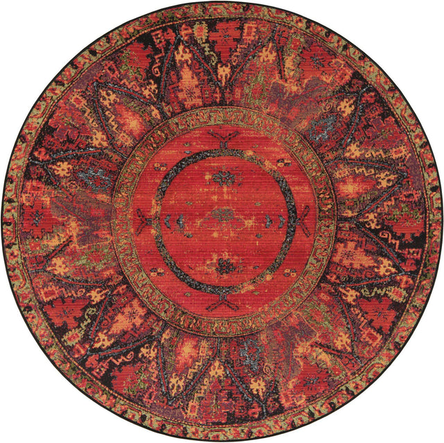 Multicolor 5' 1 x 5' 1 Outdoor Tribal Round Area Rug Weather Resistant for Patio, Deck, Terrace, Balcony, Porch Traditional Design Water Safe Outside Carpet for Sale at Rug Engine