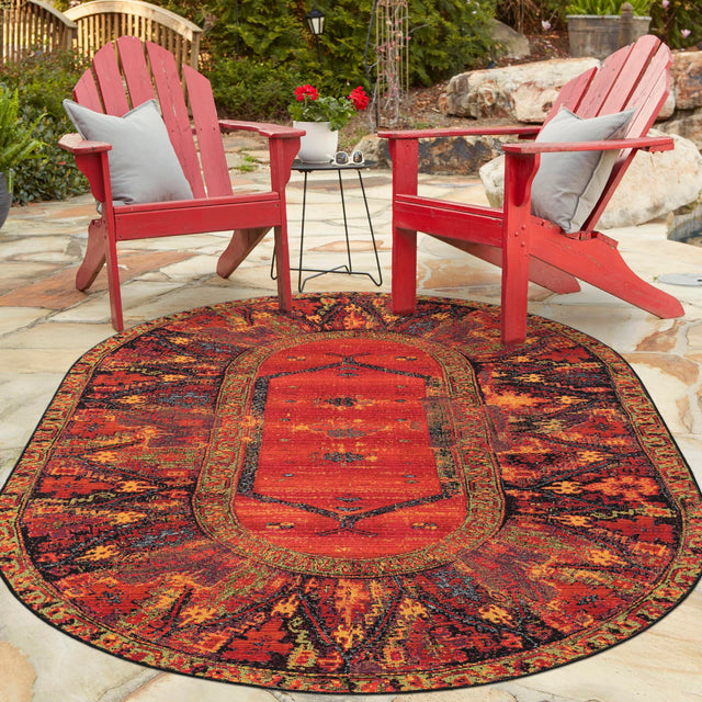 Multicolor 5' 3 x 8' Outdoor Tribal Oval Area Rug Weather Resistant for Patio, Deck, Terrace, Balcony, Porch Traditional Design Water Safe Outside Carpet for Sale at Rug Engine