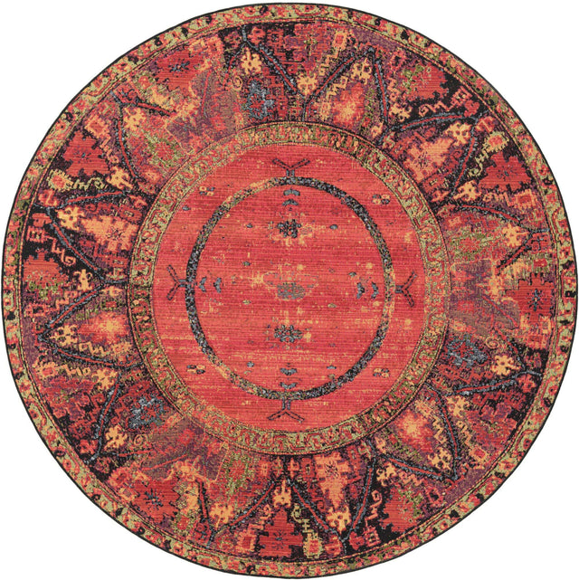 Multicolor 7' 1 x 7' 1 Outdoor Tribal Round Area Rug Weather Resistant for Patio, Deck, Terrace, Balcony, Porch Traditional Design Water Safe Outside Carpet for Sale at Rug Engine